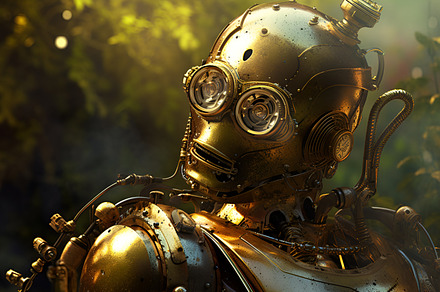 Shining steampunk robot portrait in