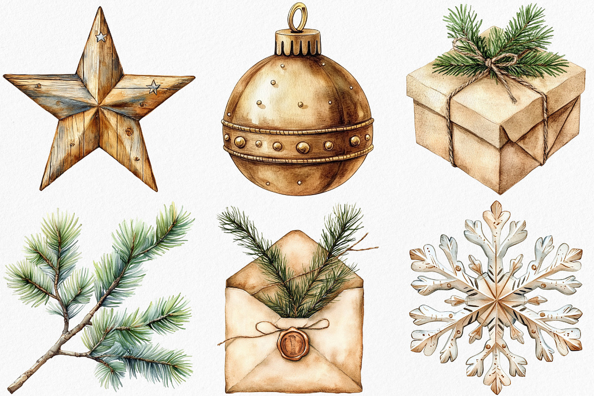 Watercolor Neutral Christmas Clipart, an Illustration by Canvas Craft (Photo 2 of 8)