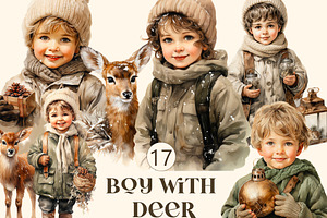 Boy with deer, Christmas watercolour
