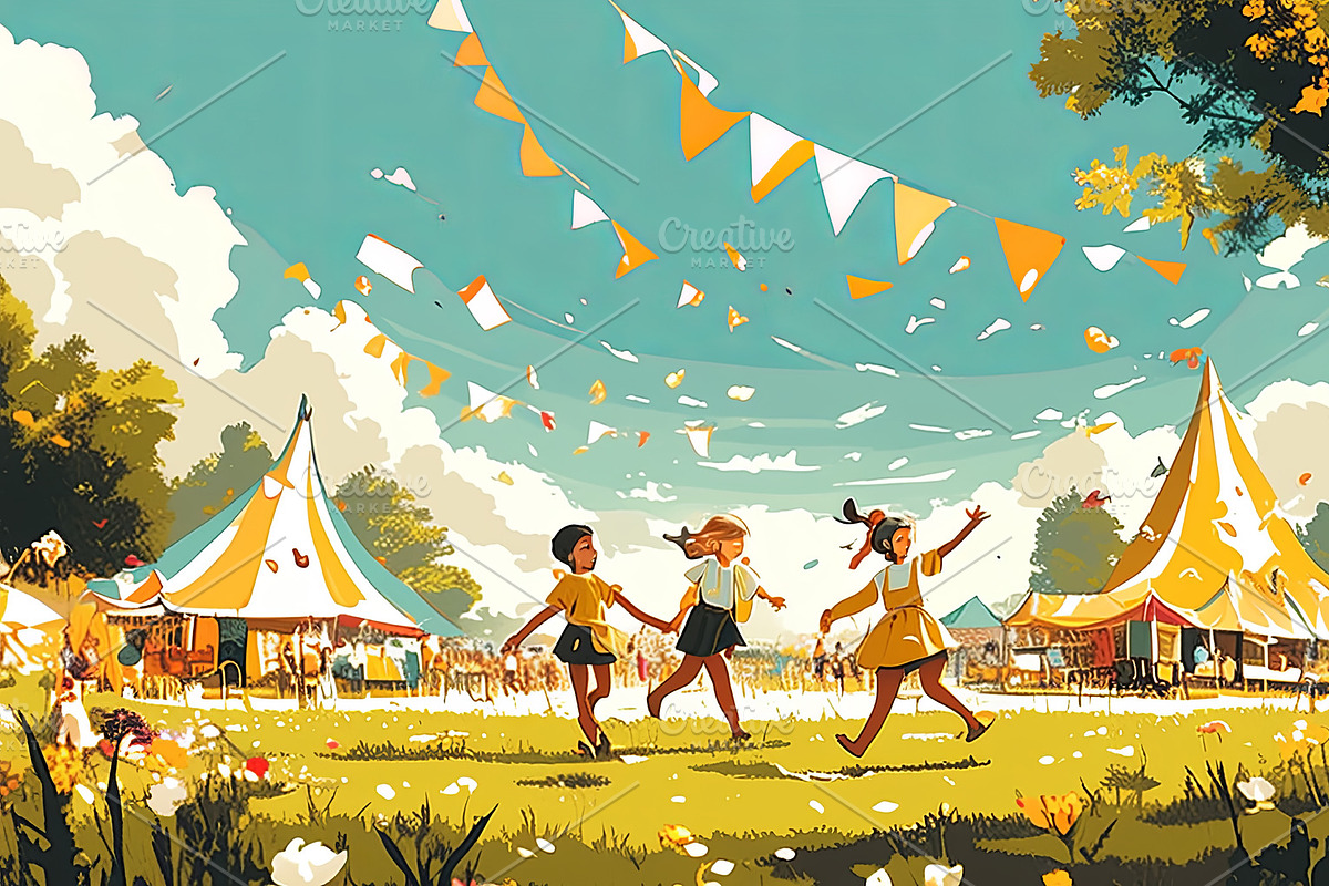 Children enjoying outdoors at a colorful festival surrounded by vibrant tents, an Illustration by AS photostudio