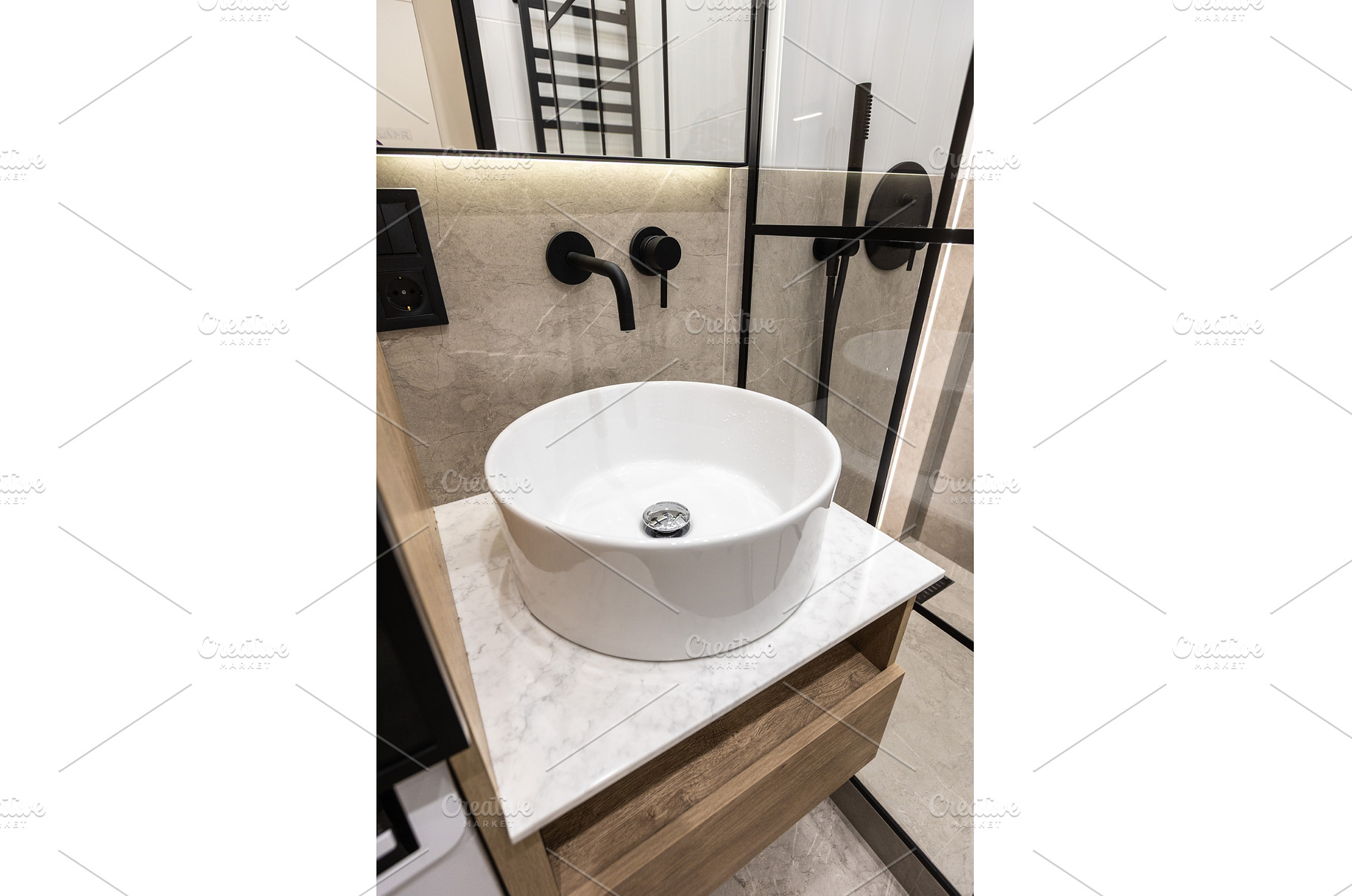 Modern bathroom sink with black wall, an Architecture Photo by wip3out