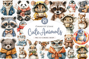 Watercolor Cute Animals Clipart, an Illustration by SinaCreation