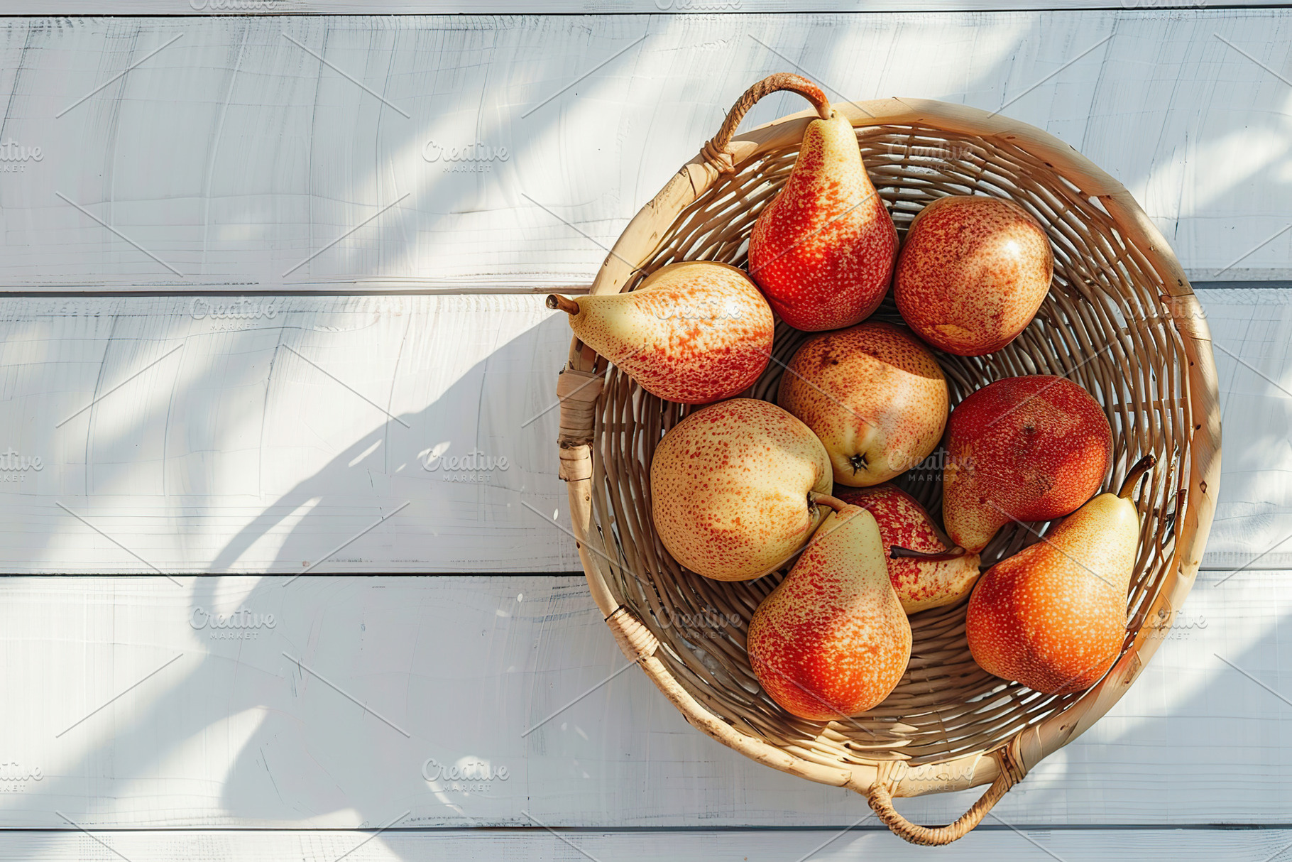 Ripe pears in basket on wooden table, a Food & Drink Photo by AlyaAnd