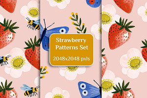 Strawberry Gouache Style Pattern Set