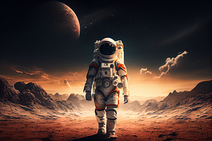 Astronaut Runs On Background Of Mountain Lanshafty.