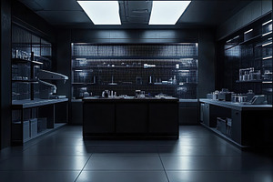 Sleek dark sci fi laboratory interio, a Photo by Iftikhar Alam