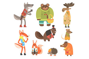 Forest Animals Dressed In Human Clothes Set Of Illustrations, an Animal Illustration by TopVectors