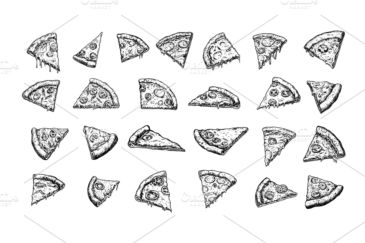 Pizza italian pieces engraving, a Food Illustration by Valerie Bodnar
