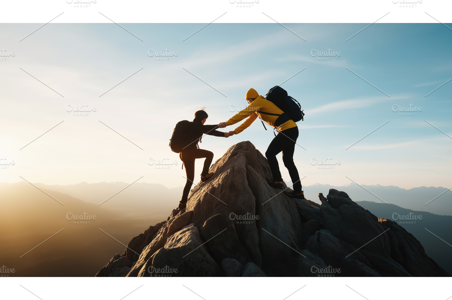Two hikers, silhouetted against a, a Sports & Recreation Photo by Sergey Kotenev