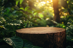 Trunk podium for product display amidst lush green foliage in a serene natural, a Nature Photo by AlyaAnd