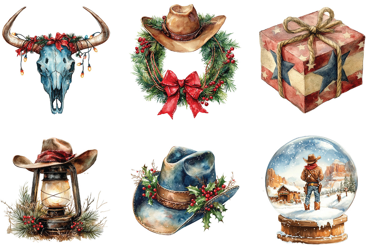 Western Cowboy Christmas Clipart, an Illustration by CraftArtStudio (Photo 3 of 6)