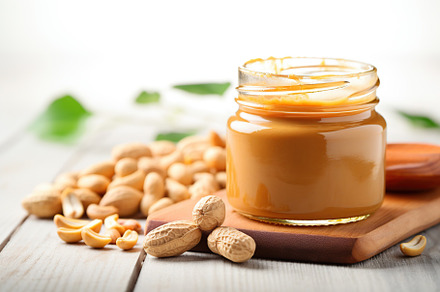 Glass jar with peanut butter on wooden background, a Food & Drink Photo by AlyaAnd