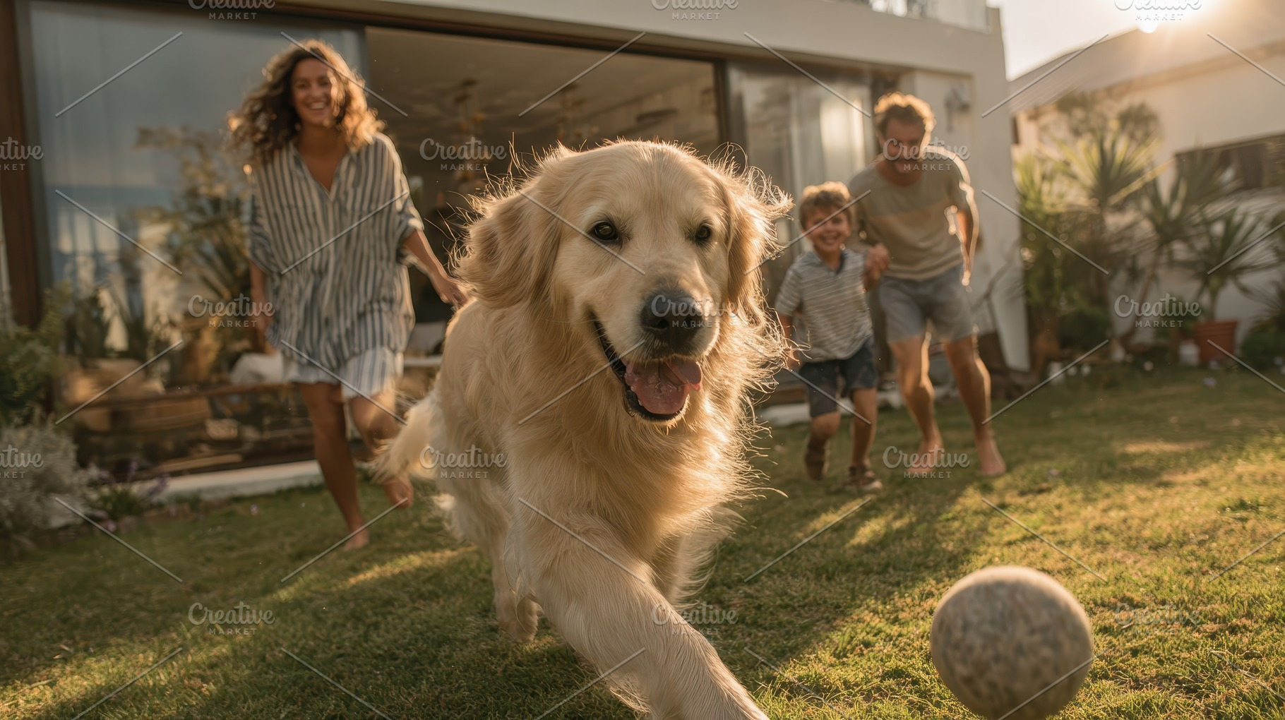 Golden Retriever Family Fun Backyard, a Photo by Pixeness Studio