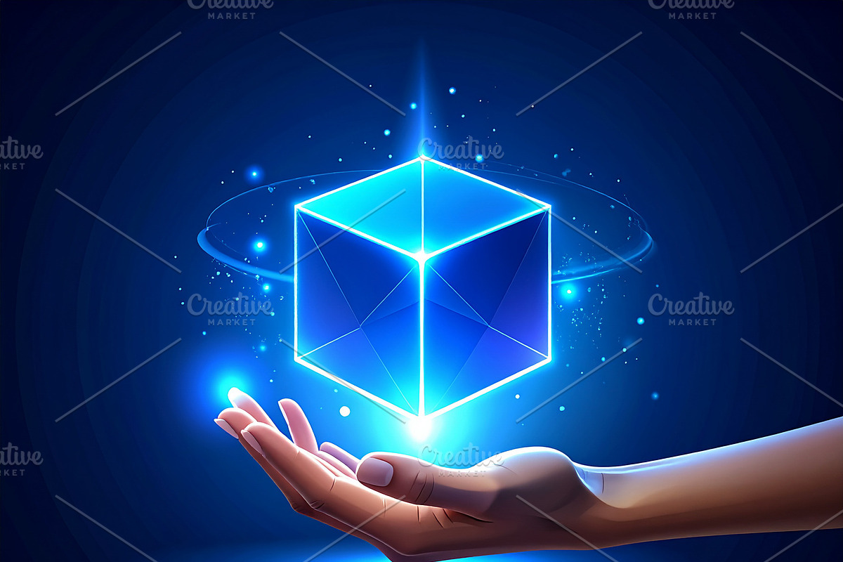 Human hand reaching out toward a glowing blue holographic cube s, a Technology Illustration by DanFLCreativo