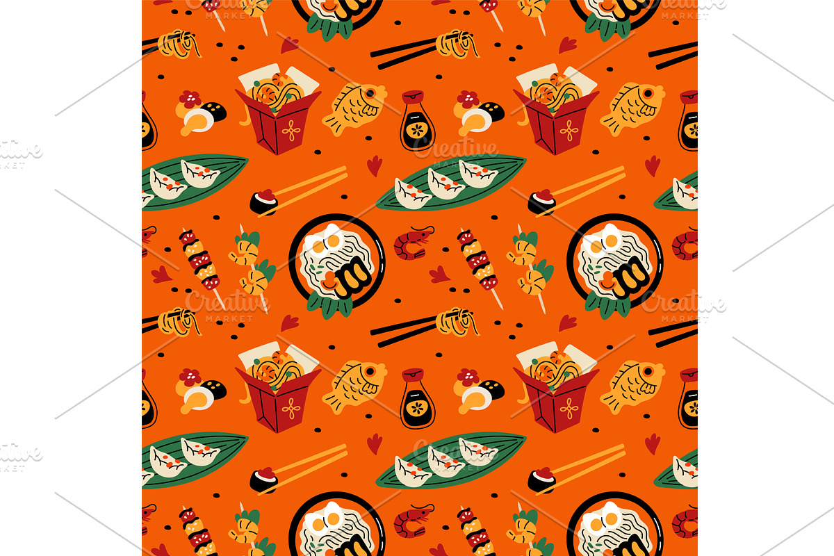 Cartoon asian food pattern. Repeated, a Food Illustration by YummyBuum