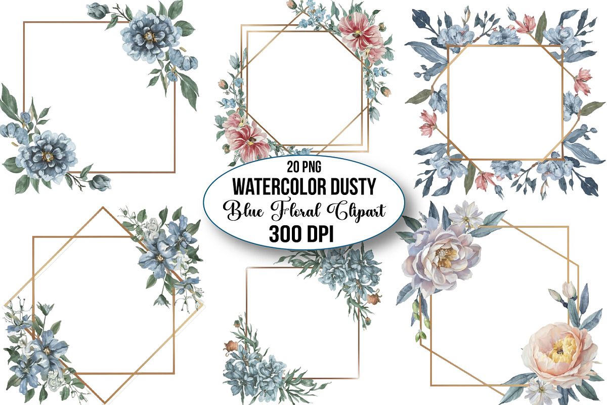 Watercolor Dusty Blue Floral Clipart, an Illustration by CraftArtStudio (Photo 1 of 4)