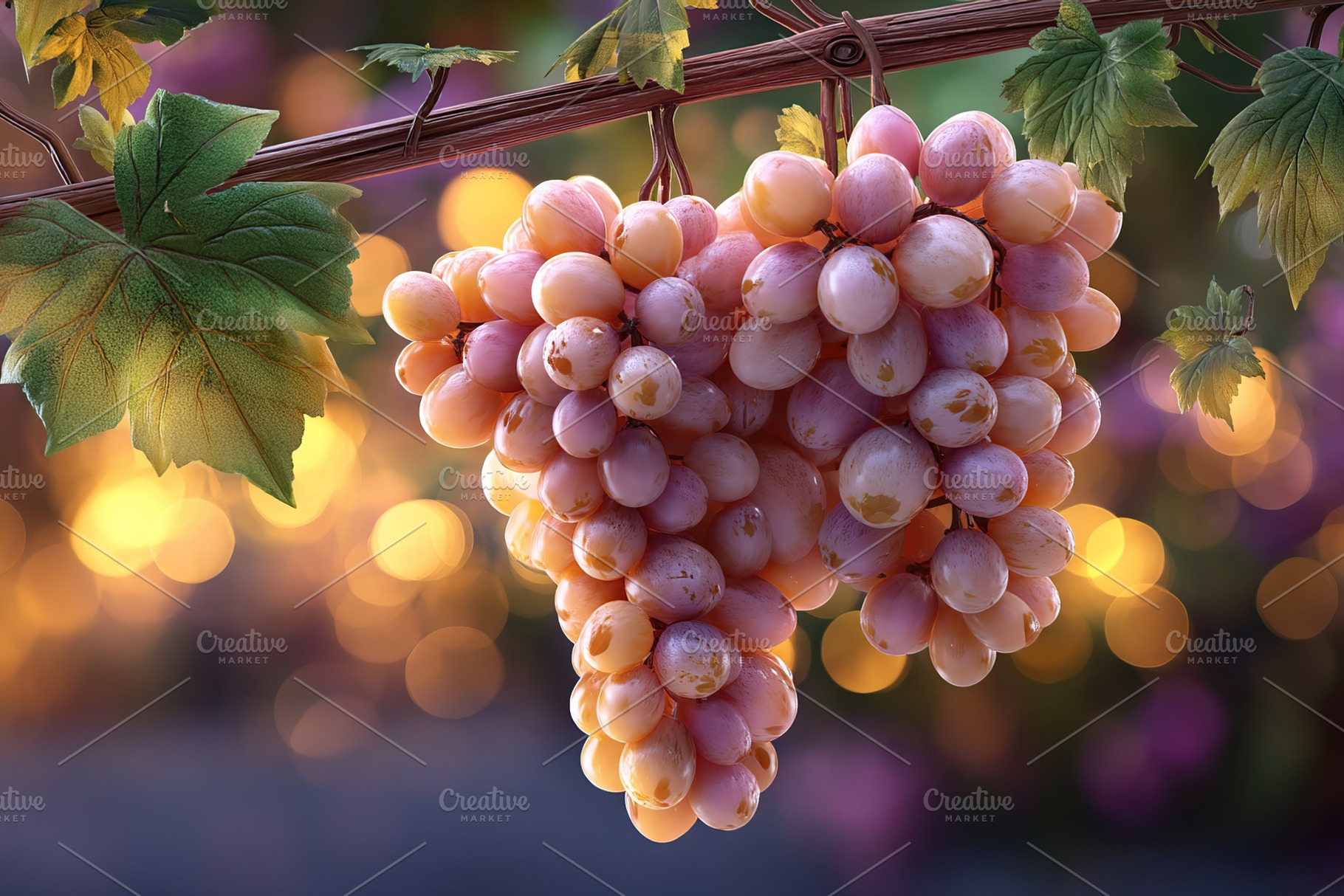 Juicy bunch of fresh grapes hanging on a vine in a vineyard at sunset, a Food & Drink Photo by AlyaAnd