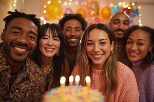 A group of six friends smiling at the camera during a birthday celebration, wit, a Person Photo by Textures & Backgrounds