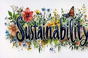 Sustainability Text With Colorful Floral And Butterfly Art