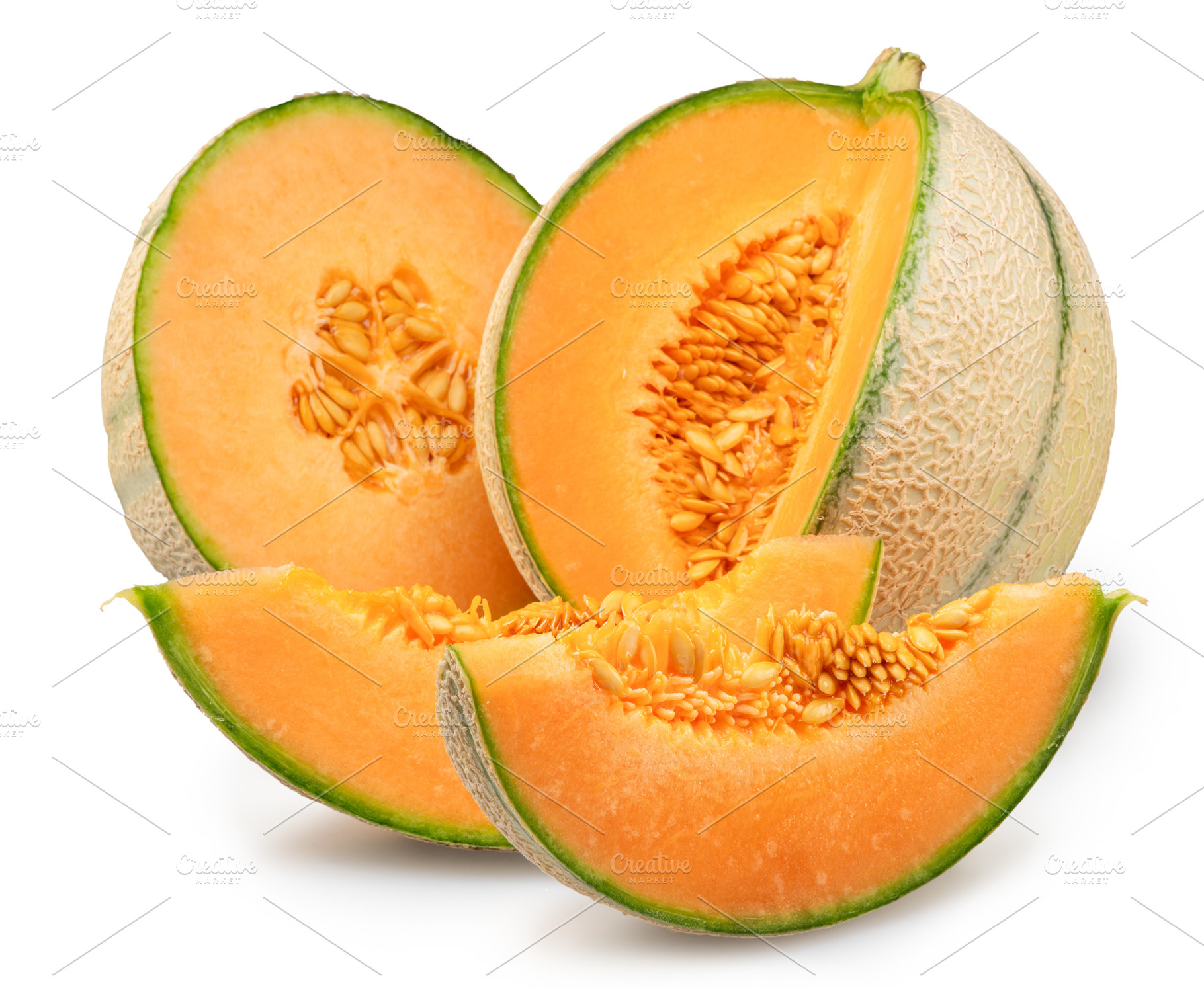 Cantaloupe melon and melon slices isolated on white background., a Food & Drink Photo by Volff