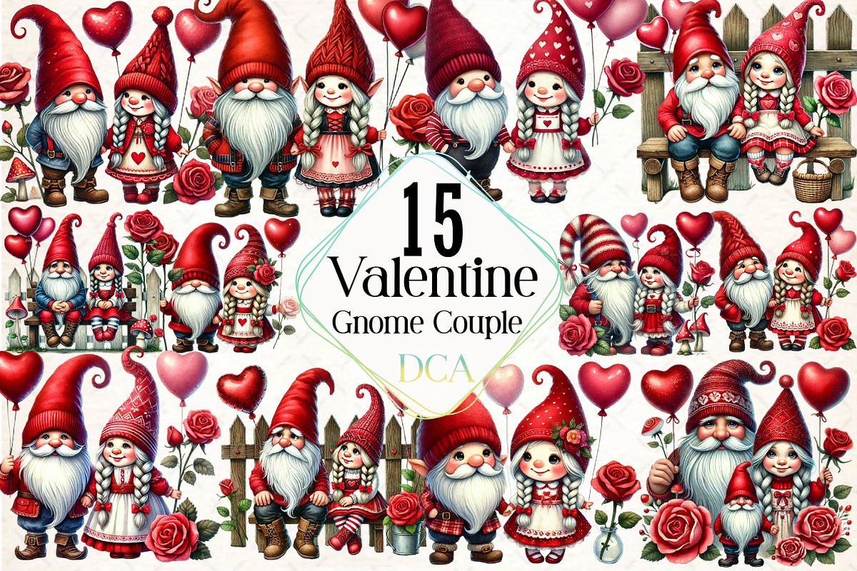 Valentine Gnome Couple Clipart, an Illustration by DreamCafeArt (Photo 1 of 4)
