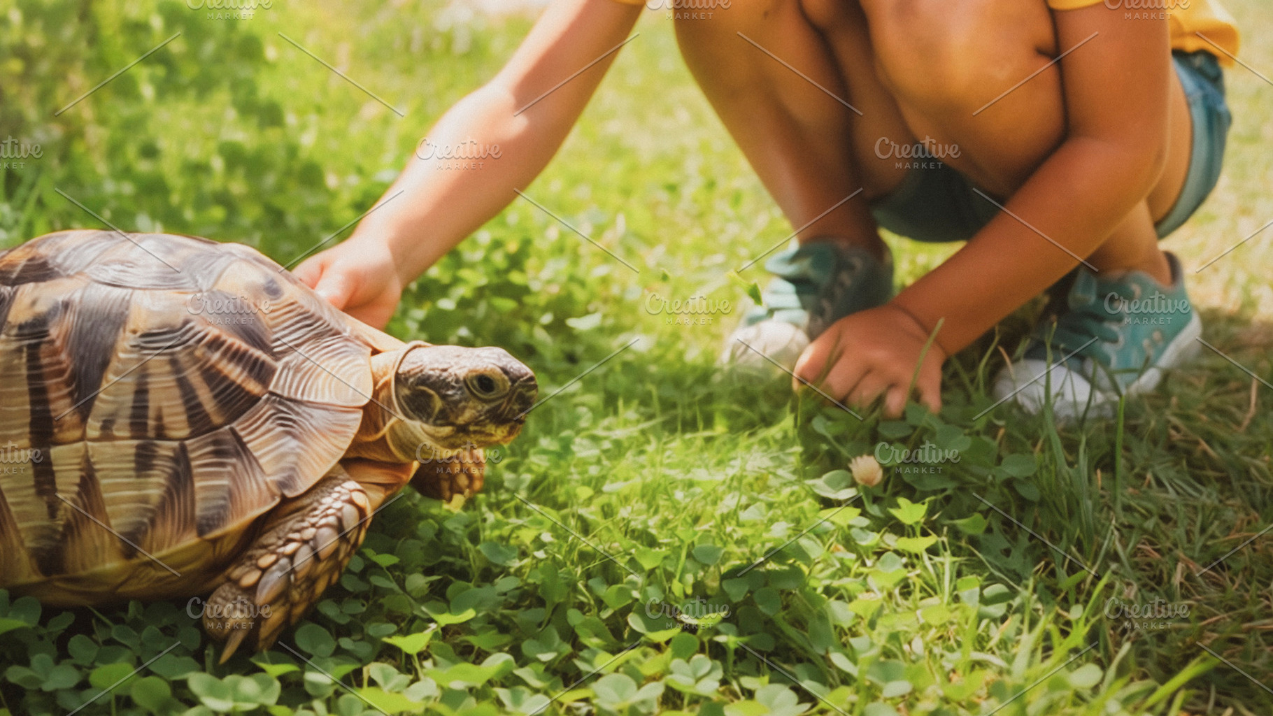 Child touching tortoise at home yard, a Person Photo by DanFLCreativo