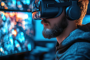 A young man virtual prototyping specialist wearing a virtual reality headset, i, a Person Photo by Textures & Backgrounds