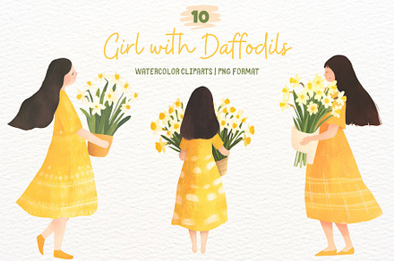 Spring Girl with Daffodil Bouquet, a Person Illustration by SugarCloudStudioArt