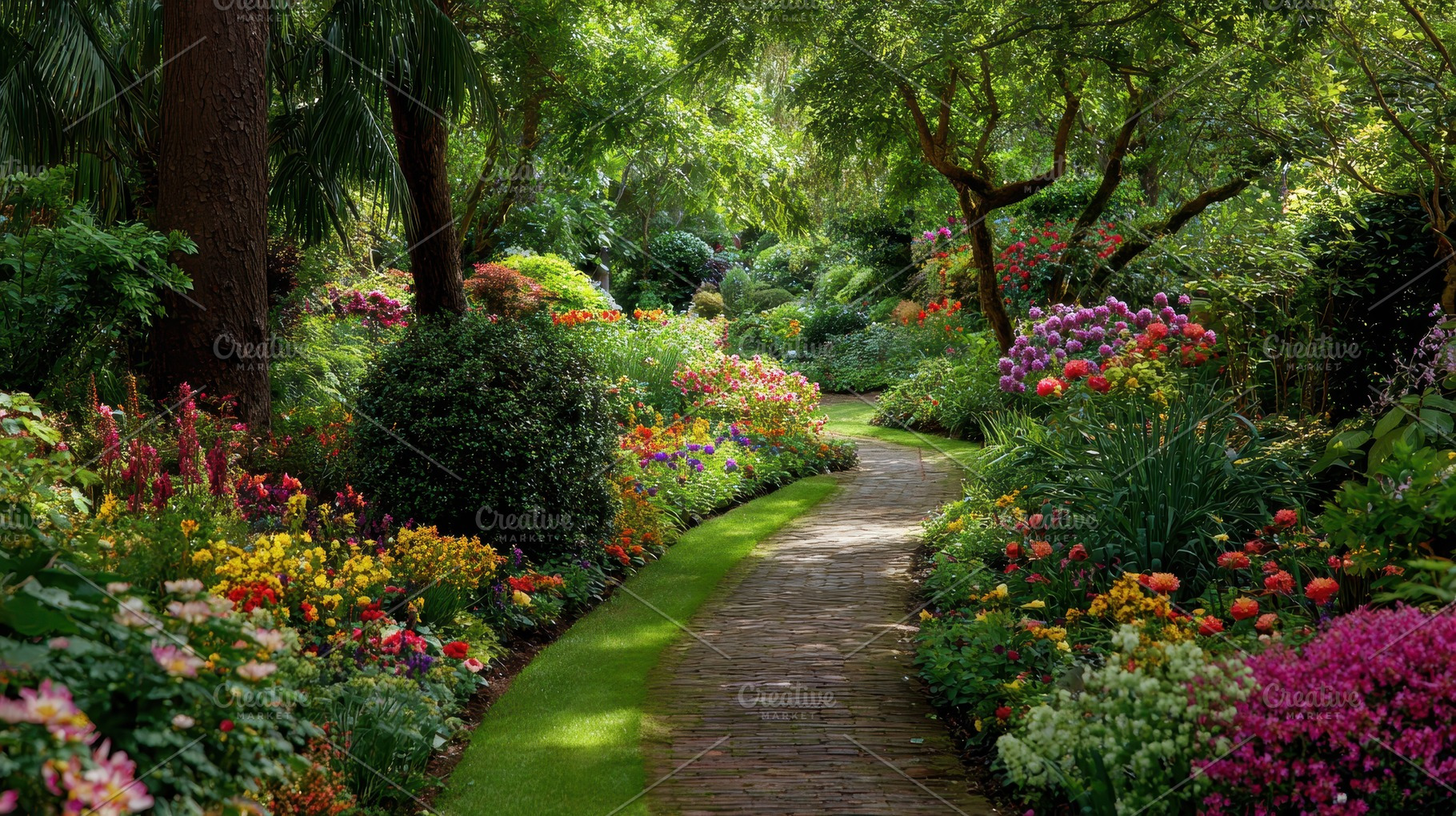 Colorful flowers line a winding path, a Photo by Pavel_design