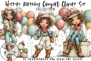 Western Birthday Cowgirl Clipart Set, a Seasonal Illustration by OK Design