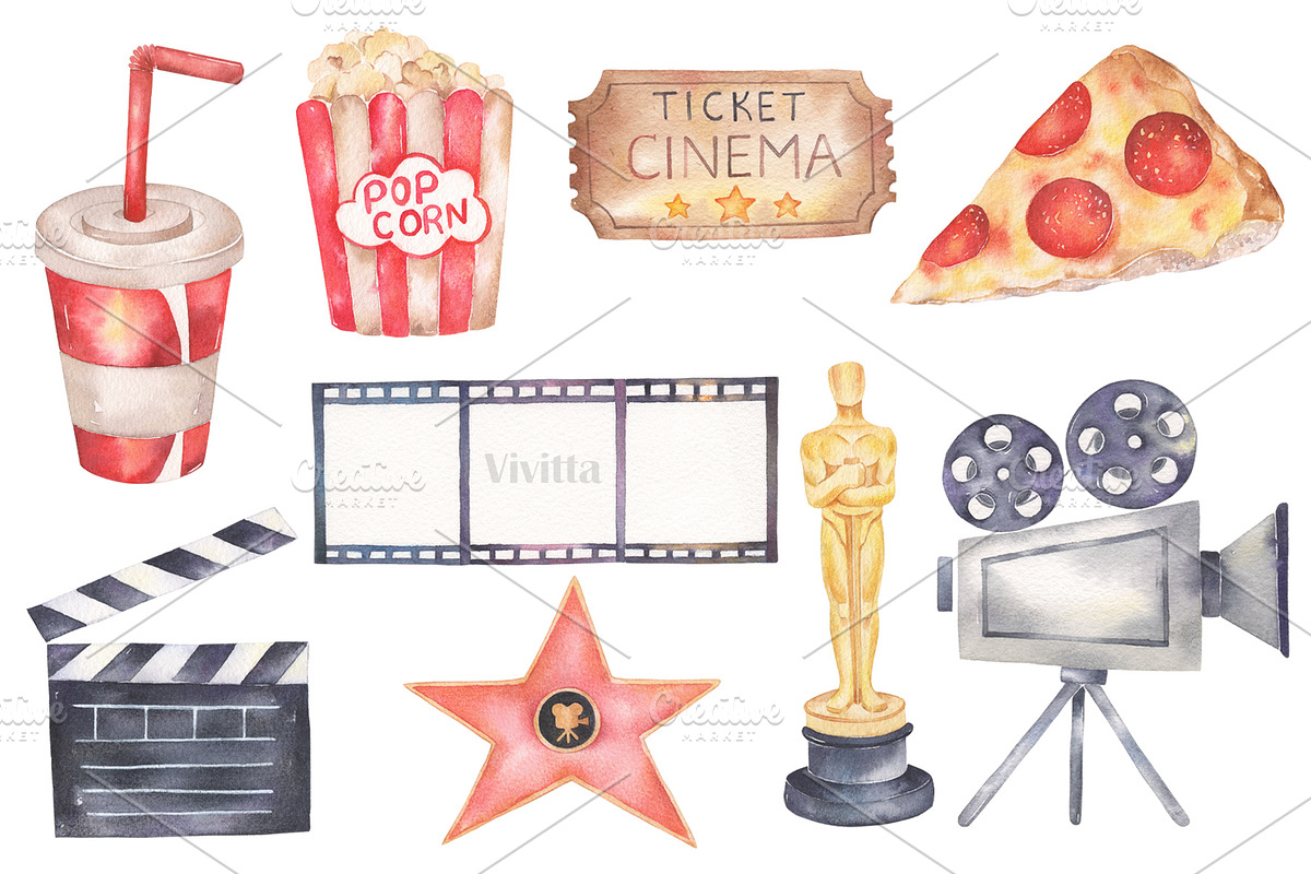 Watercolor Cinema Movie Pizza retro, a Food Illustration by Vivitta (Photo 3 of 3)