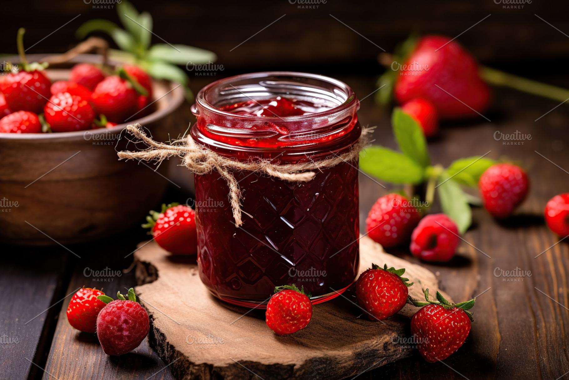 Raspberry, strawberry jam and berries on wooden table, a Food & Drink Photo by AlyaAnd