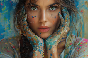 A young Caucasian woman poses with colorful paint on her face and hands, showca, a Person Photo by ImageMir