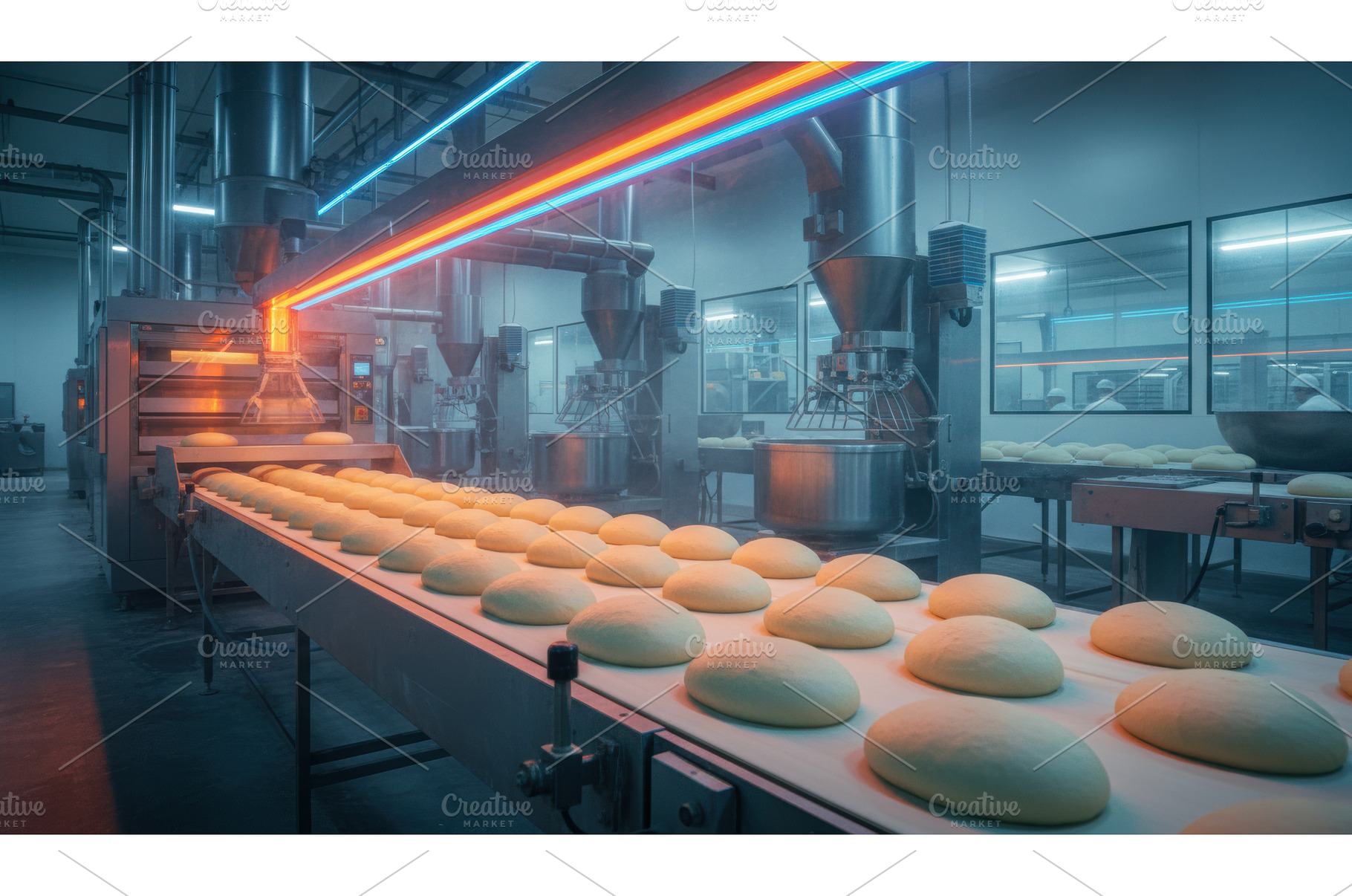 Rows of dough pieces traveling along, an Industrial Photo by Igor Tichonow