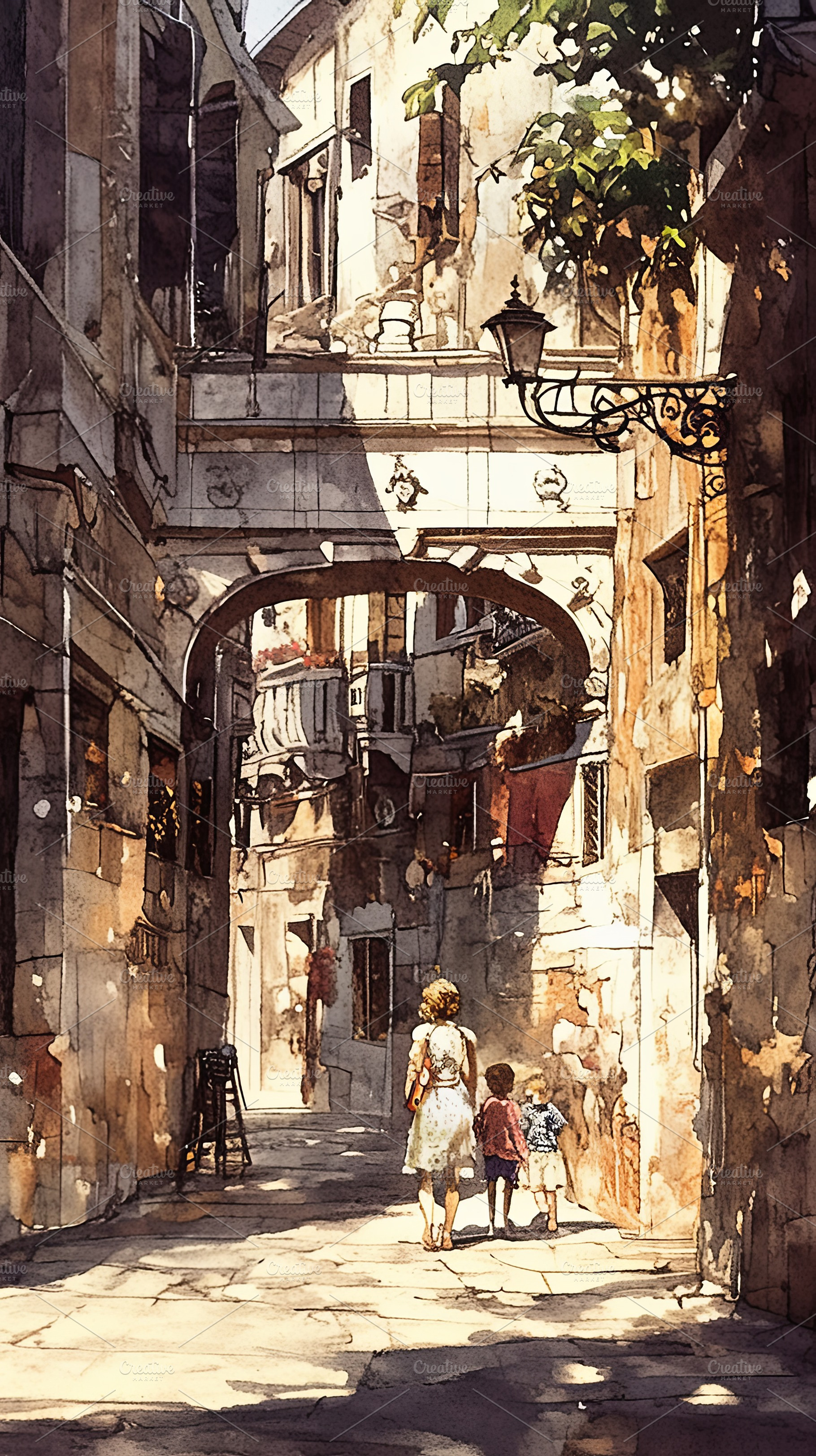 A serene stroll through a charming sunny historic street with children, a Photo by AS photostudio