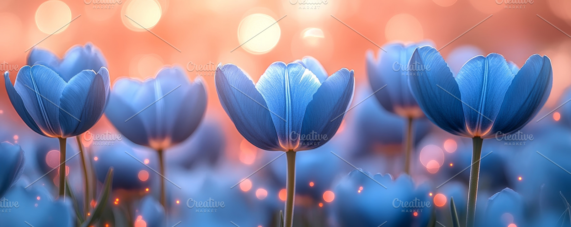 Dreamy Blue Flowers with Warm Sunset Glow, an Abstract Photo by Natalia Klenova's Shop