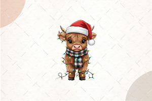 Christmas Lights Highland Cow Png, an Illustration by Watercolor design