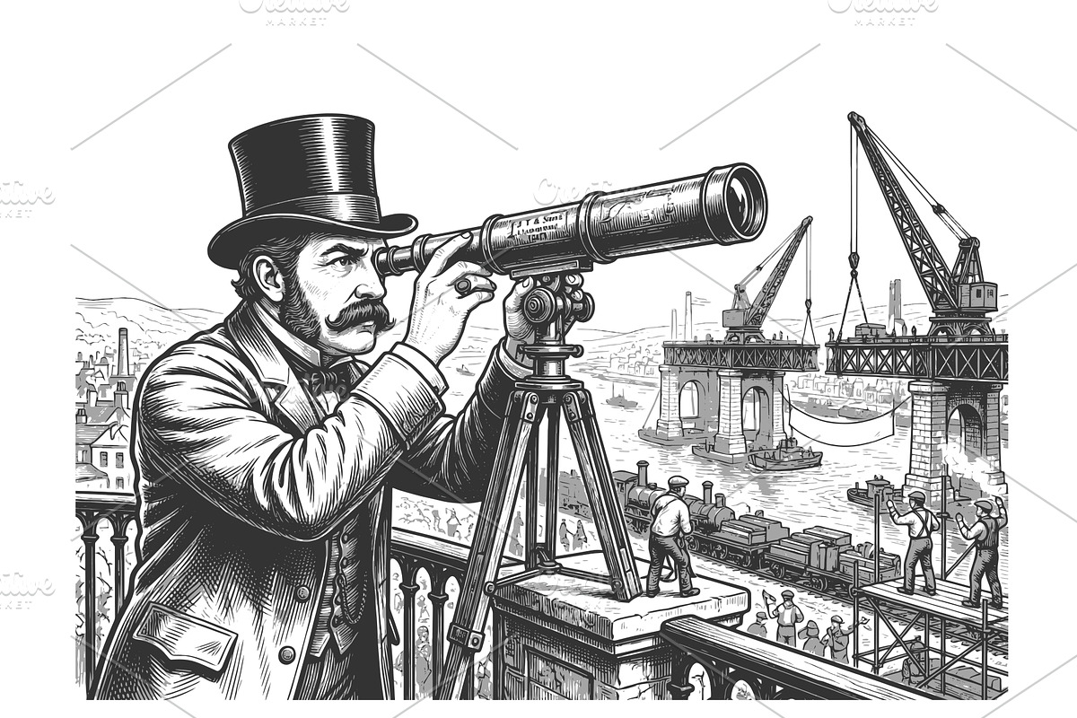 Victorian Engineer Observing Bridge, an Illustration by AlexArt