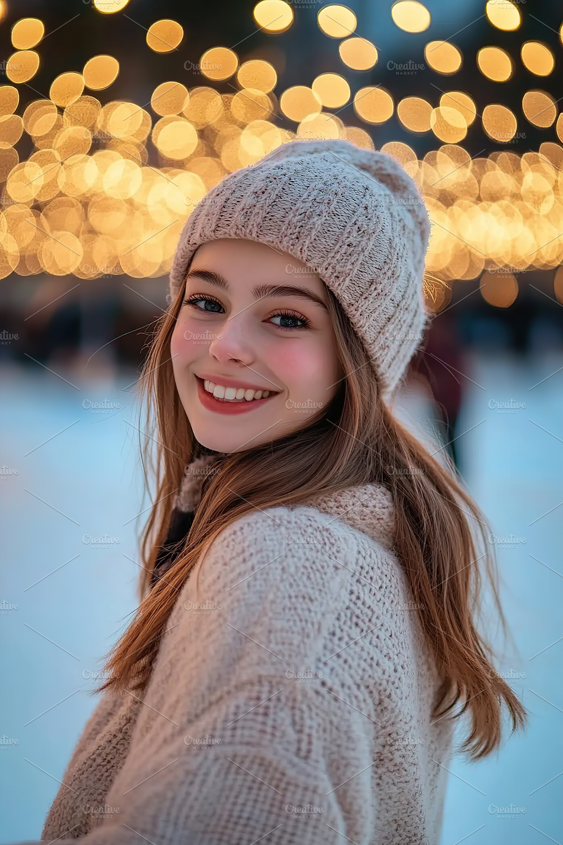 Woman joyfully ice skating at a winter rink with twinkling lights in the backgr, a Person Photo by AlyaAnd