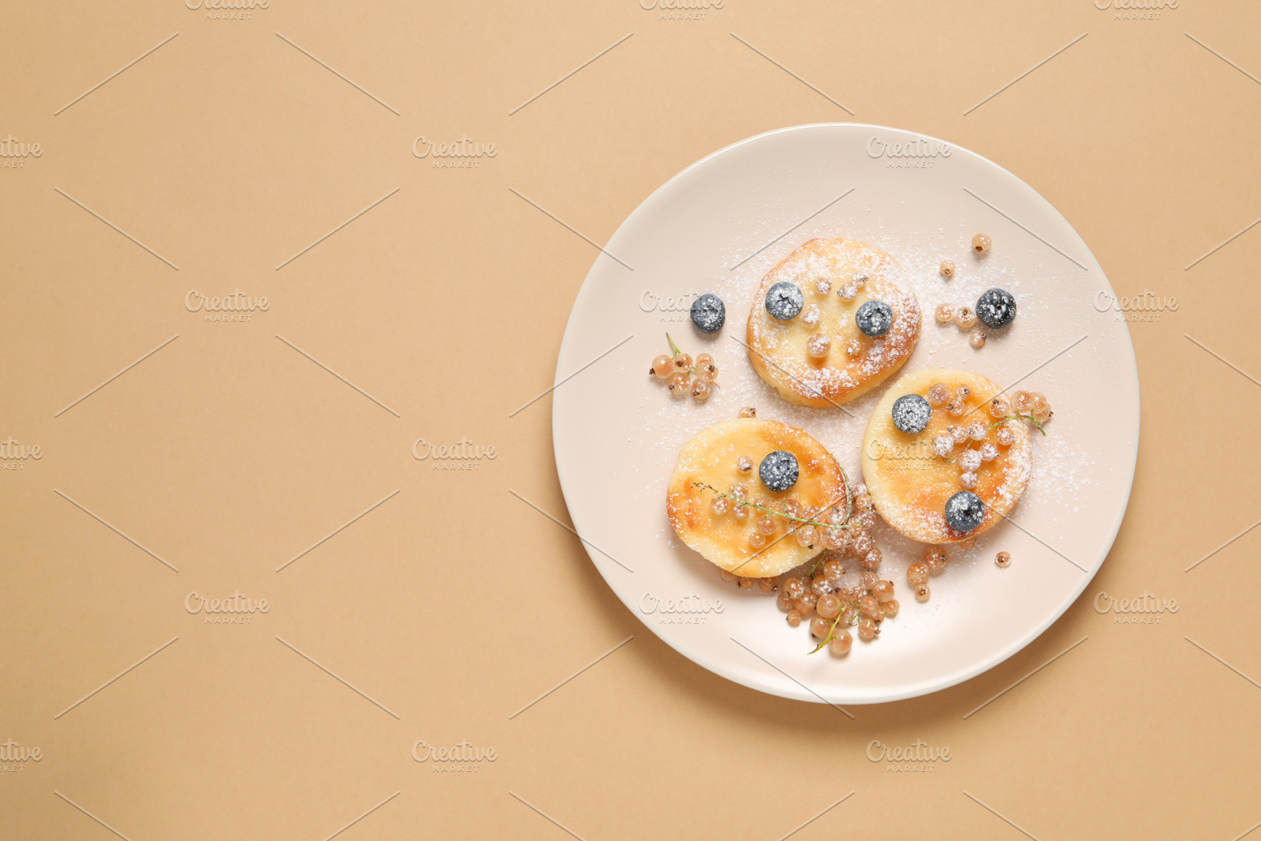 Concept of tasty sweet food, cheese pancakes, space for text, a Food & Drink Photo by AtlasStudio PRO