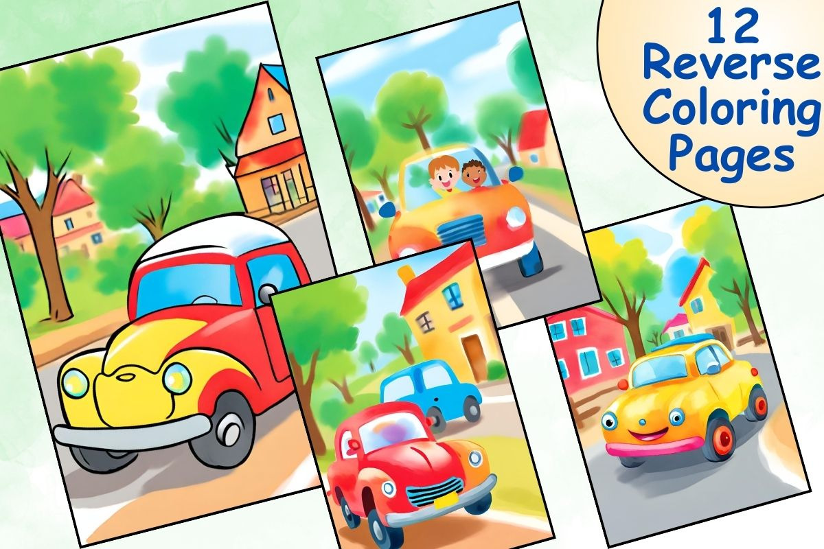 Cute Cars Reverse Coloring Pages, an Illustration by Catchy Ideaz