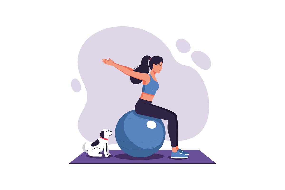 Woman exercising on a blue fitness b, an Illustration by designvectx