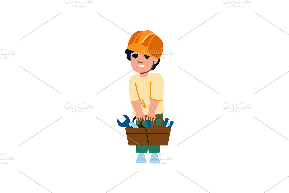 Smiling kid holding toolbox wearing, an Education Illustration by pikepicture