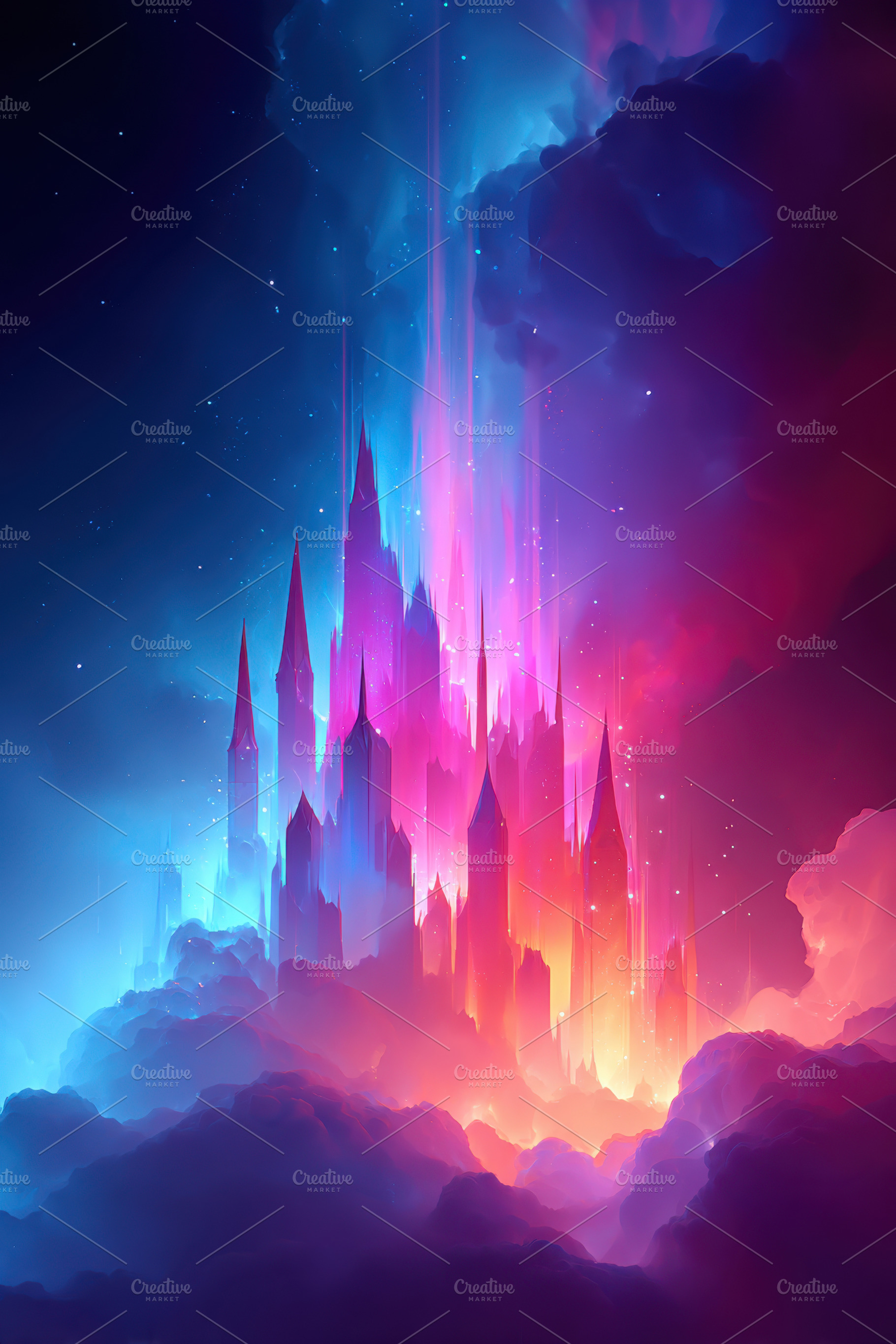 Magical illuminated castle at twilight, an Abstract Photo by AlyaAnd