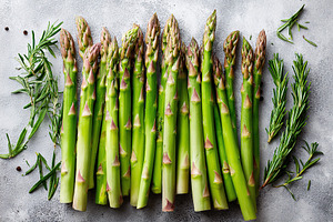 Fresh asparagus spears neatly arranged with fragrant herbs on a minimalist back, a Food & Drink Photo by AlyaAnd