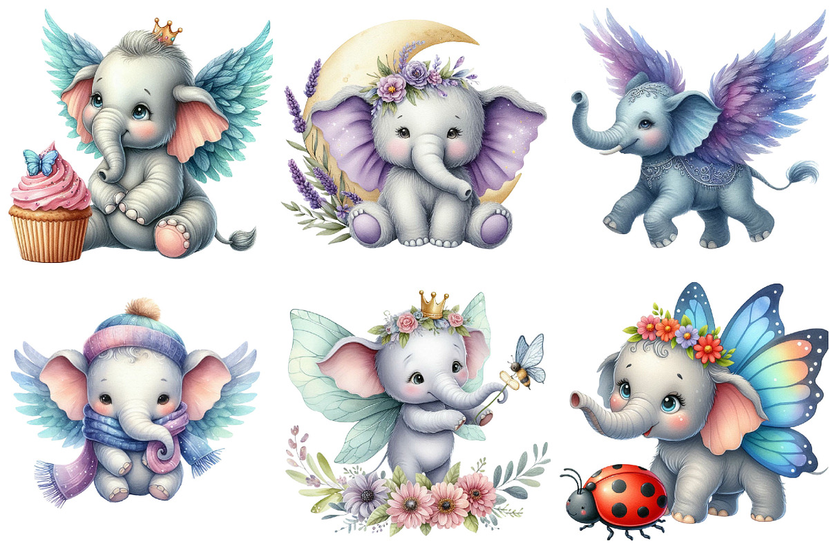 Cute Baby Elephants with Wings Clipa, an Illustration by Pixels.Craft (Photo 3 of 6)