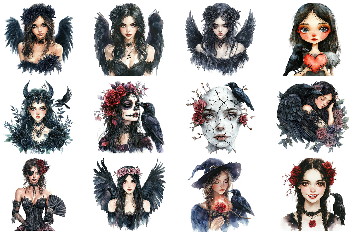 Gothic Girls with raven and roses, an Illustration by Craft Nest (Photo 3 of 5)