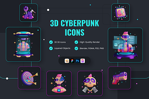 Cyberpunk Dystopia 3D Icon Set