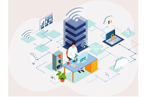 Man sitting with computer, a Technology Illustration by TopVector