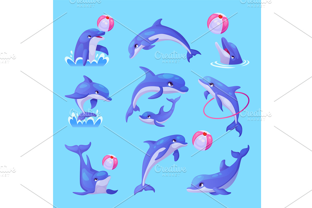 Cartoon dolphins. Cute dolphin happy, an Animal Illustration by Stock-Smart-Start